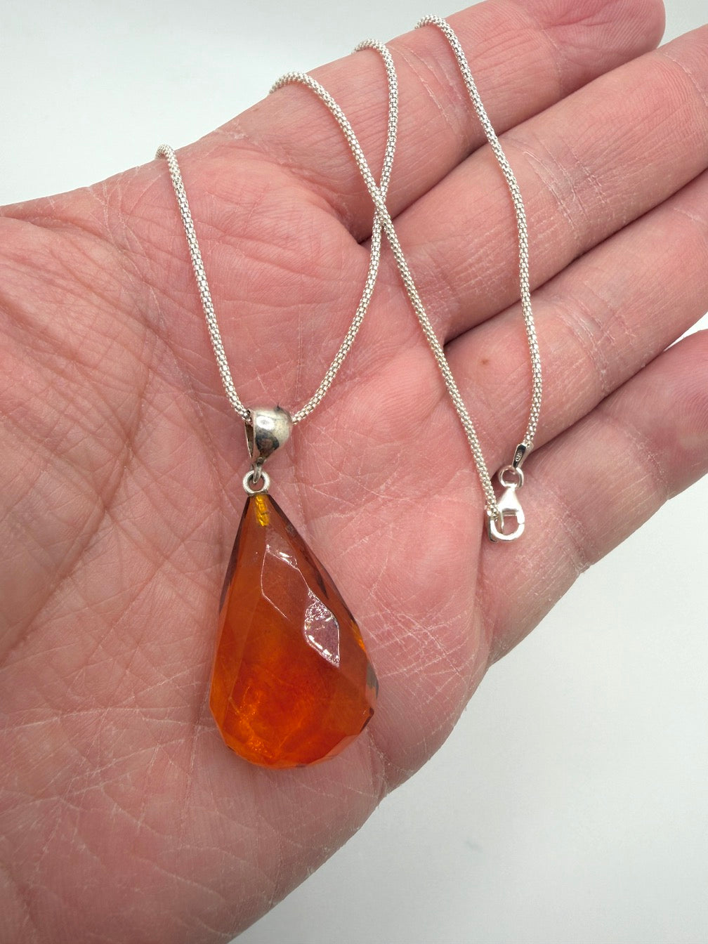 Baltic Amber Faceted Teardrop Pendant Necklace | Sterling Silver