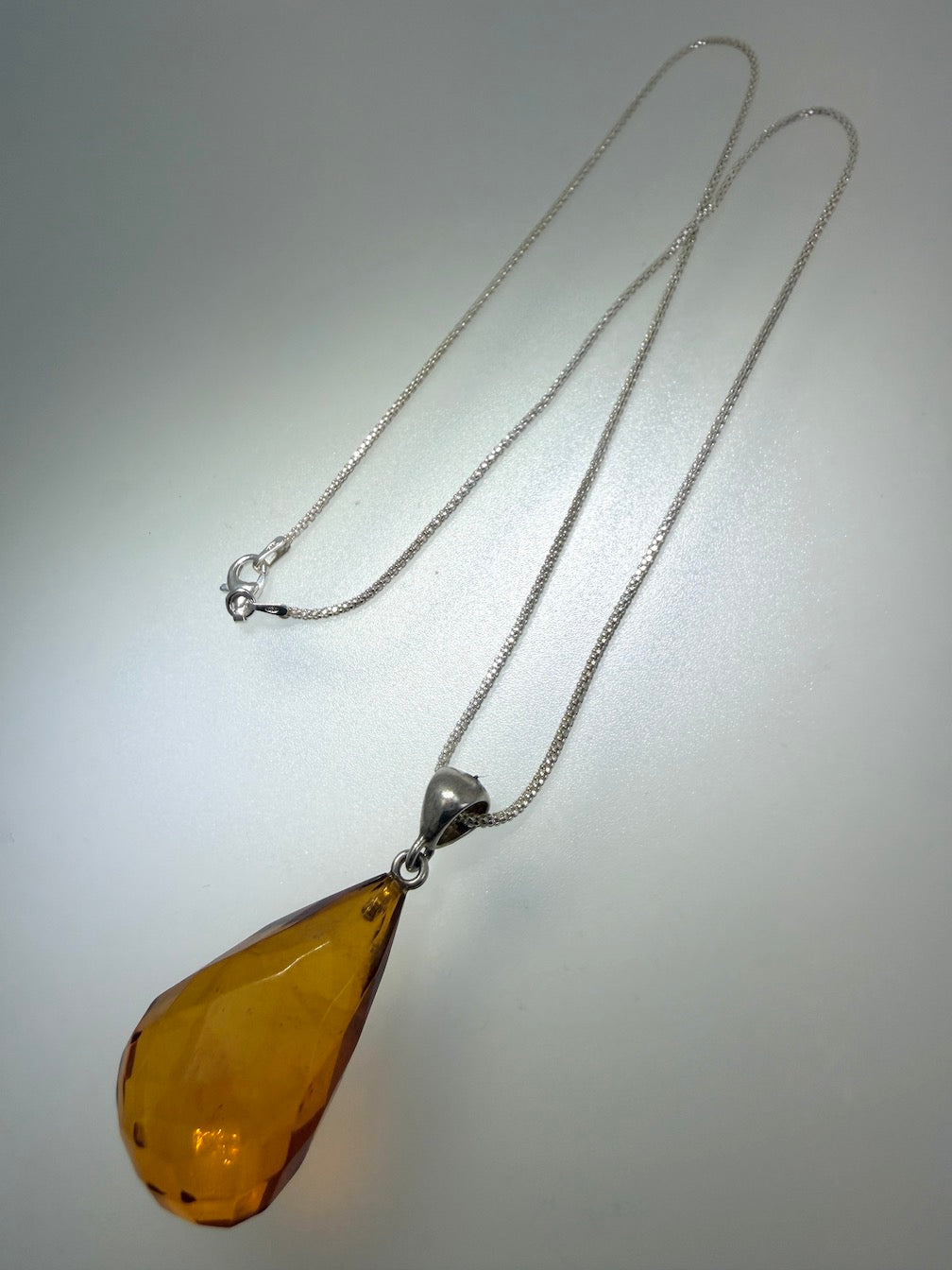 Baltic Amber Faceted Teardrop Pendant Necklace | Sterling Silver