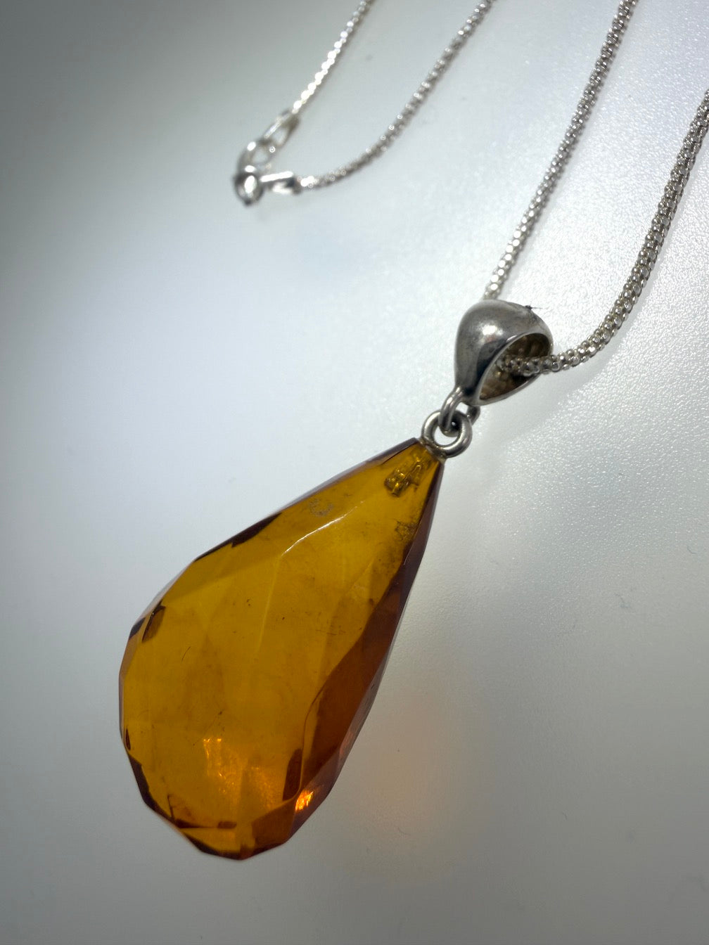 Baltic Amber Faceted Teardrop Pendant Necklace | Sterling Silver