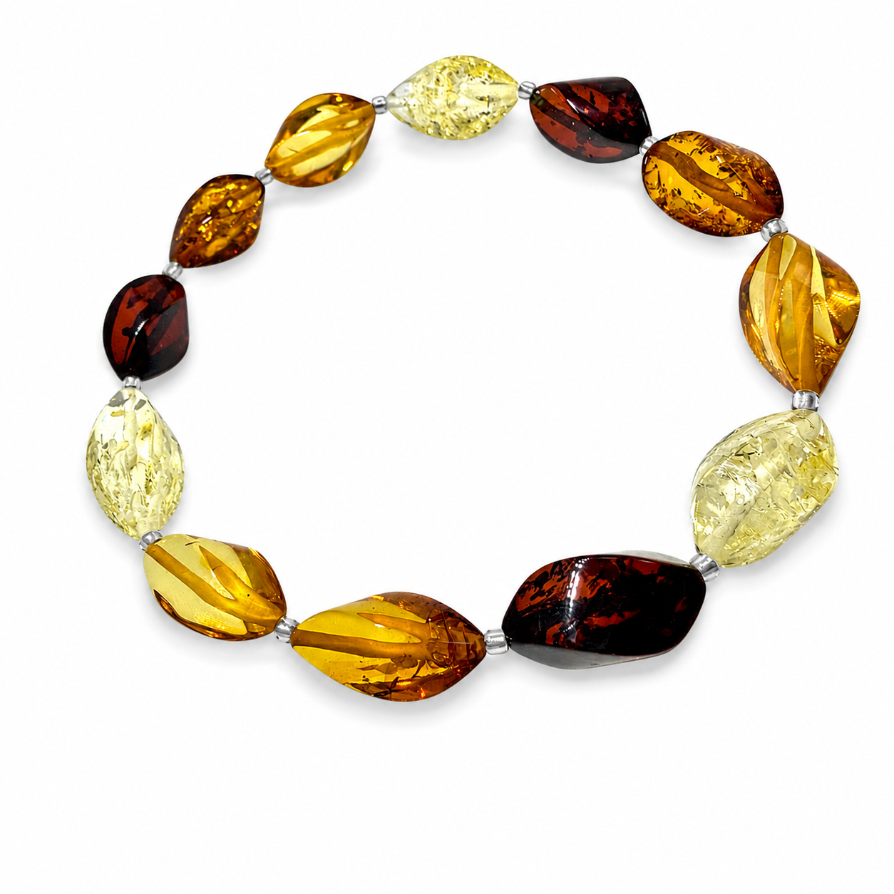 Genuine Baltic Amber Faceted Twist Multicolor Stretch Bracelet