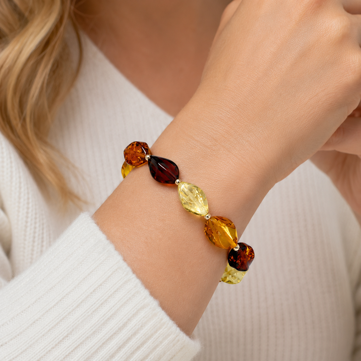 Genuine Baltic Amber Faceted Twist Multicolor Stretch Bracelet
