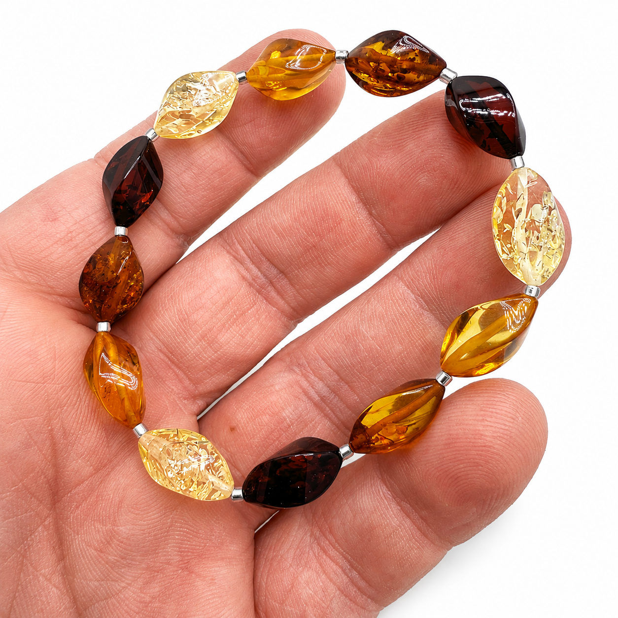 Genuine Baltic Amber Faceted Twist Multicolor Stretch Bracelet