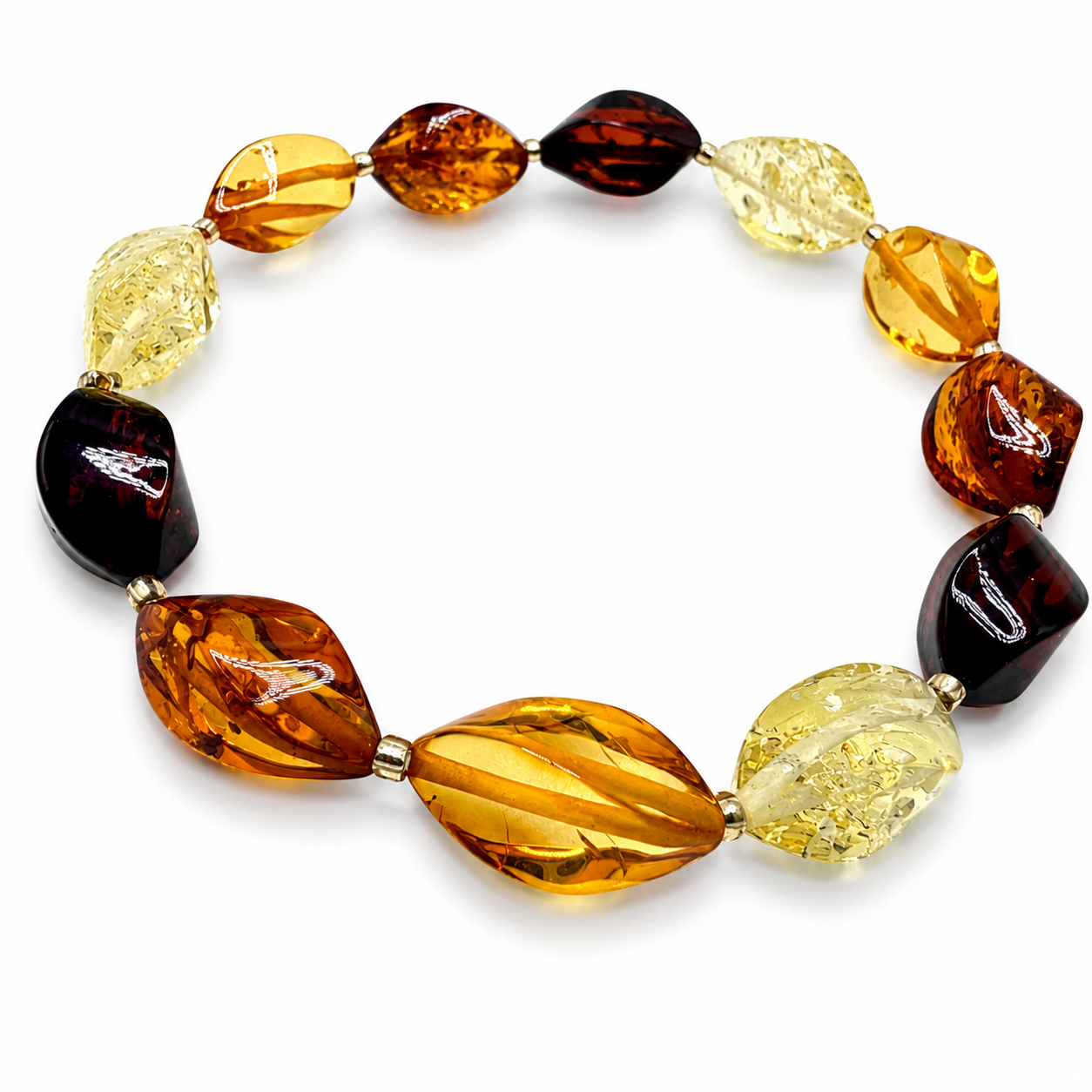 Genuine Baltic Amber Faceted Twist Multicolor Stretch Bracelet