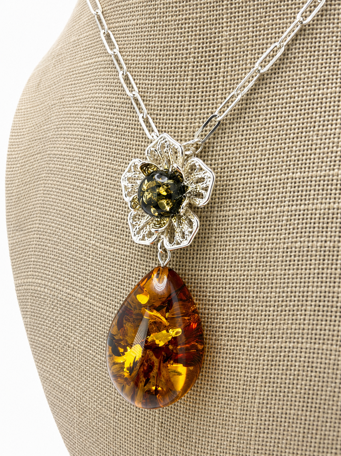 Baltic Amber Flower Pendant – Genuine Baltic Amber & Sterling Silver Necklace – Honey & Green Amber Jewelry