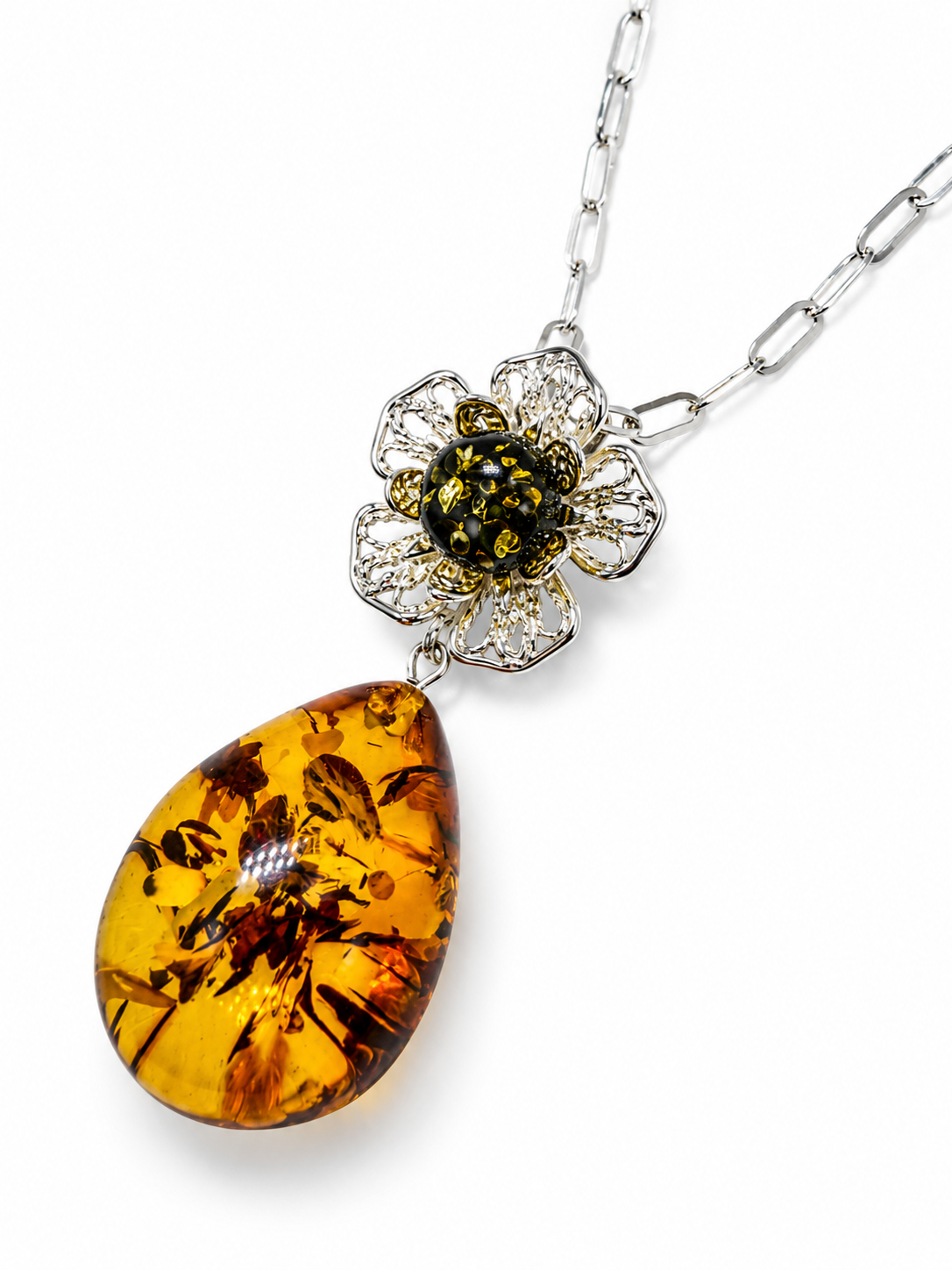 Baltic Amber Flower Pendant – Genuine Baltic Amber & Sterling Silver Necklace – Honey & Green Amber Jewelry