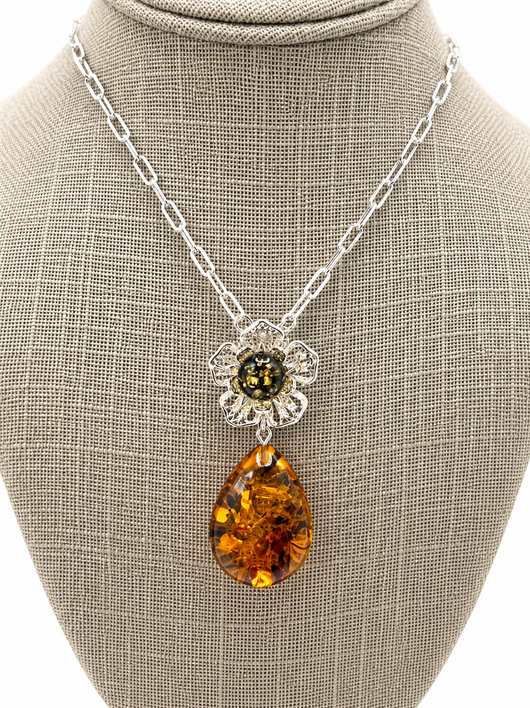 Baltic Amber Flower Pendant – Genuine Baltic Amber & Sterling Silver Necklace – Honey & Green Amber Jewelry