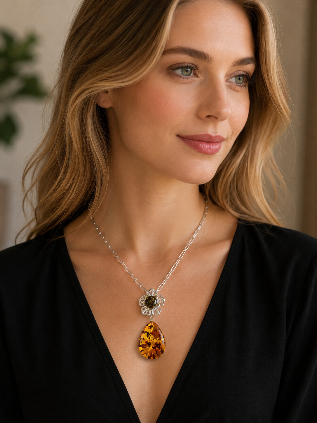 Baltic Amber Flower Pendant – Genuine Baltic Amber & Sterling Silver Necklace – Honey & Green Amber Jewelry