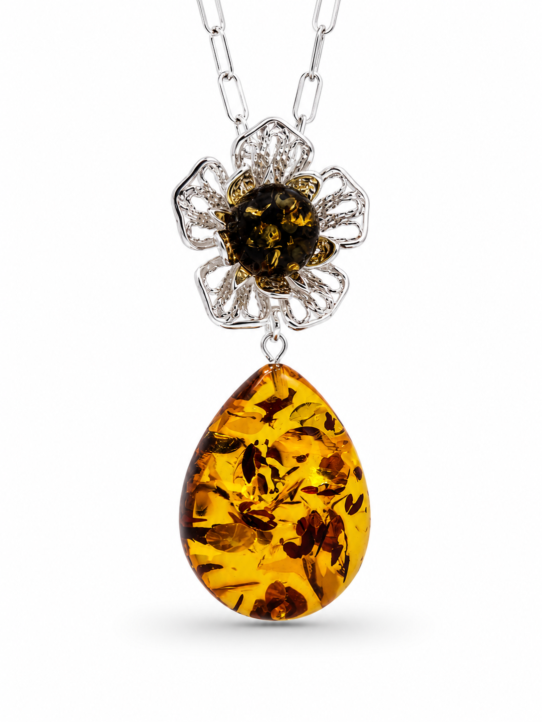 Baltic Amber Flower Pendant – Genuine Baltic Amber & Sterling Silver Necklace – Honey & Green Amber Jewelry
