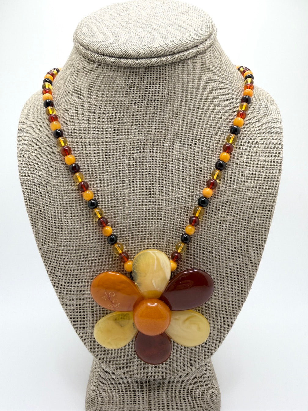 Baltic Amber Flower Statement Necklace – Sterling Silver & Multicolor Amber Beaded Necklace – Large Amber Flower Pendant – 22”