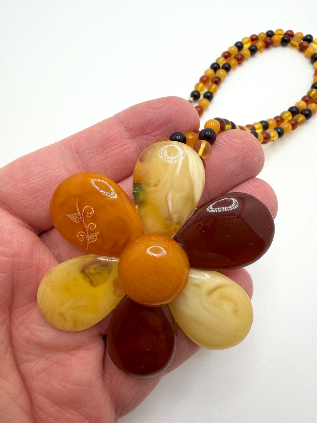 Baltic Amber Flower Statement Necklace – Sterling Silver & Multicolor Amber Beaded Necklace – Large Amber Flower Pendant – 22”