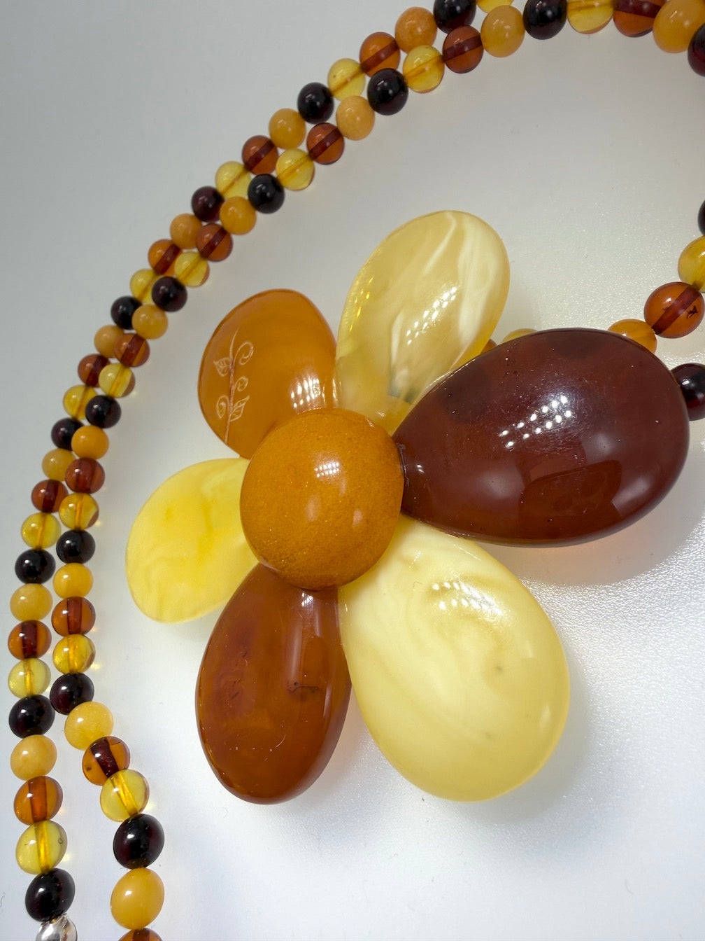 Baltic Amber Flower Statement Necklace – Sterling Silver & Multicolor Amber Beaded Necklace – Large Amber Flower Pendant – 22”