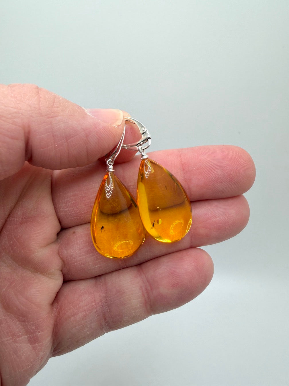 Baltic Amber Fossil Inclusion Earrings – Sterling Silver Lever Back – Rare Teardrop Amber – Museum Quality Collector Jewelry – Genuine Baltic Amber