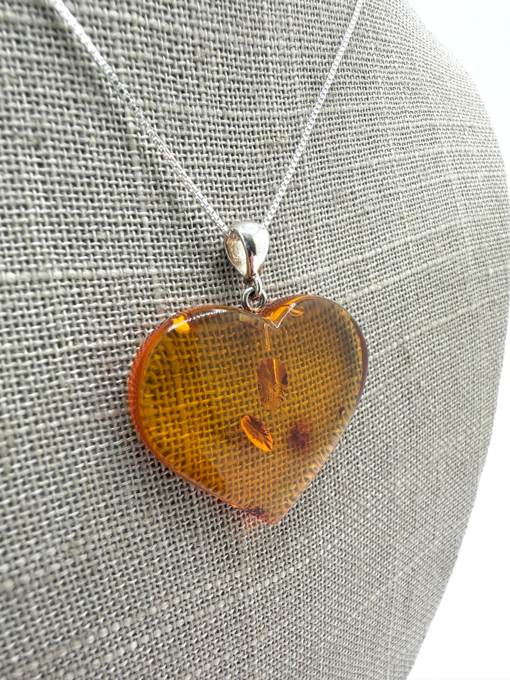 Baltic Amber Hand-Carved Heart Pendant Necklace on Sterling Silver Box Chain