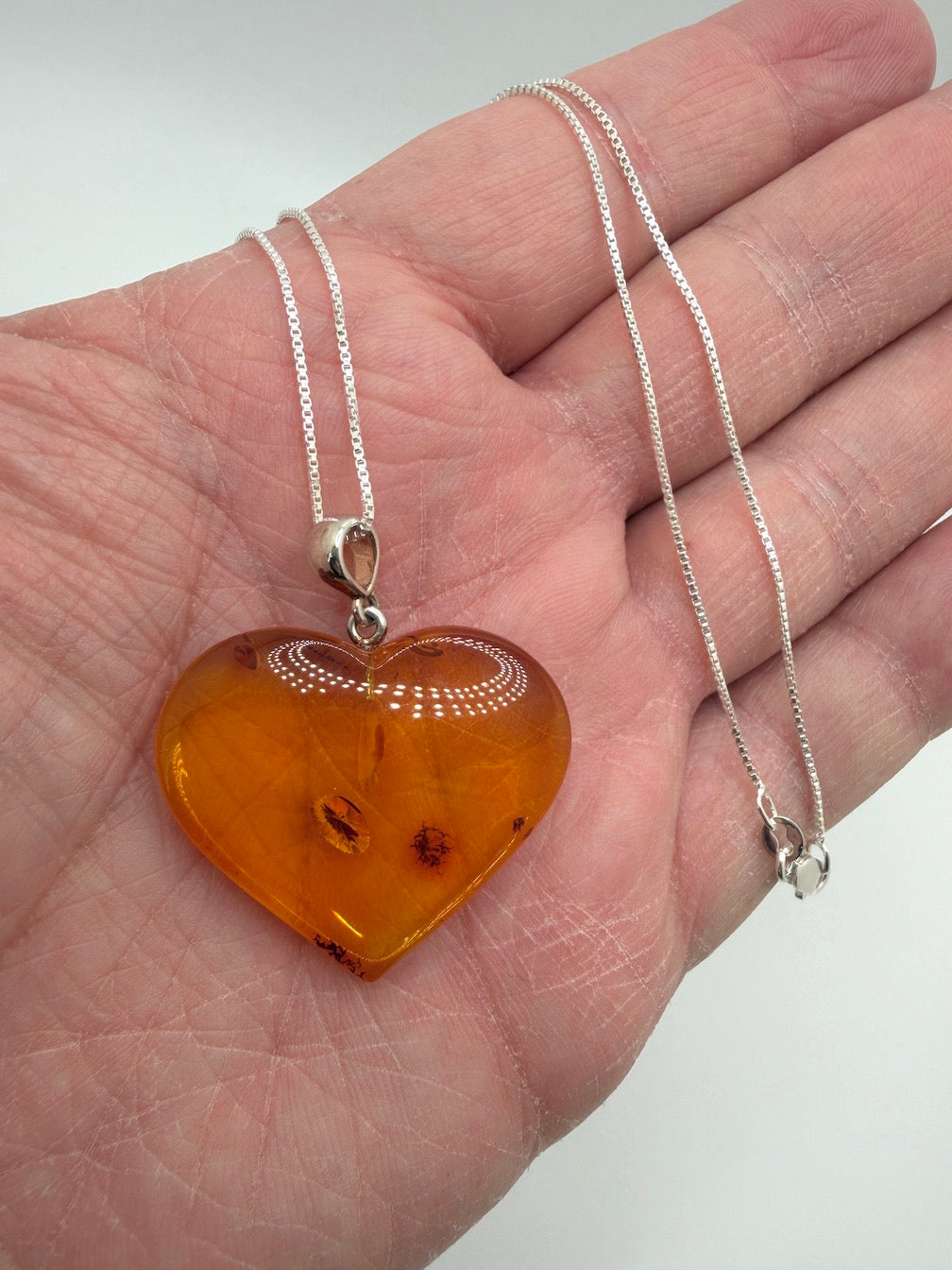 Baltic Amber Hand-Carved Heart Pendant Necklace on Sterling Silver Box Chain