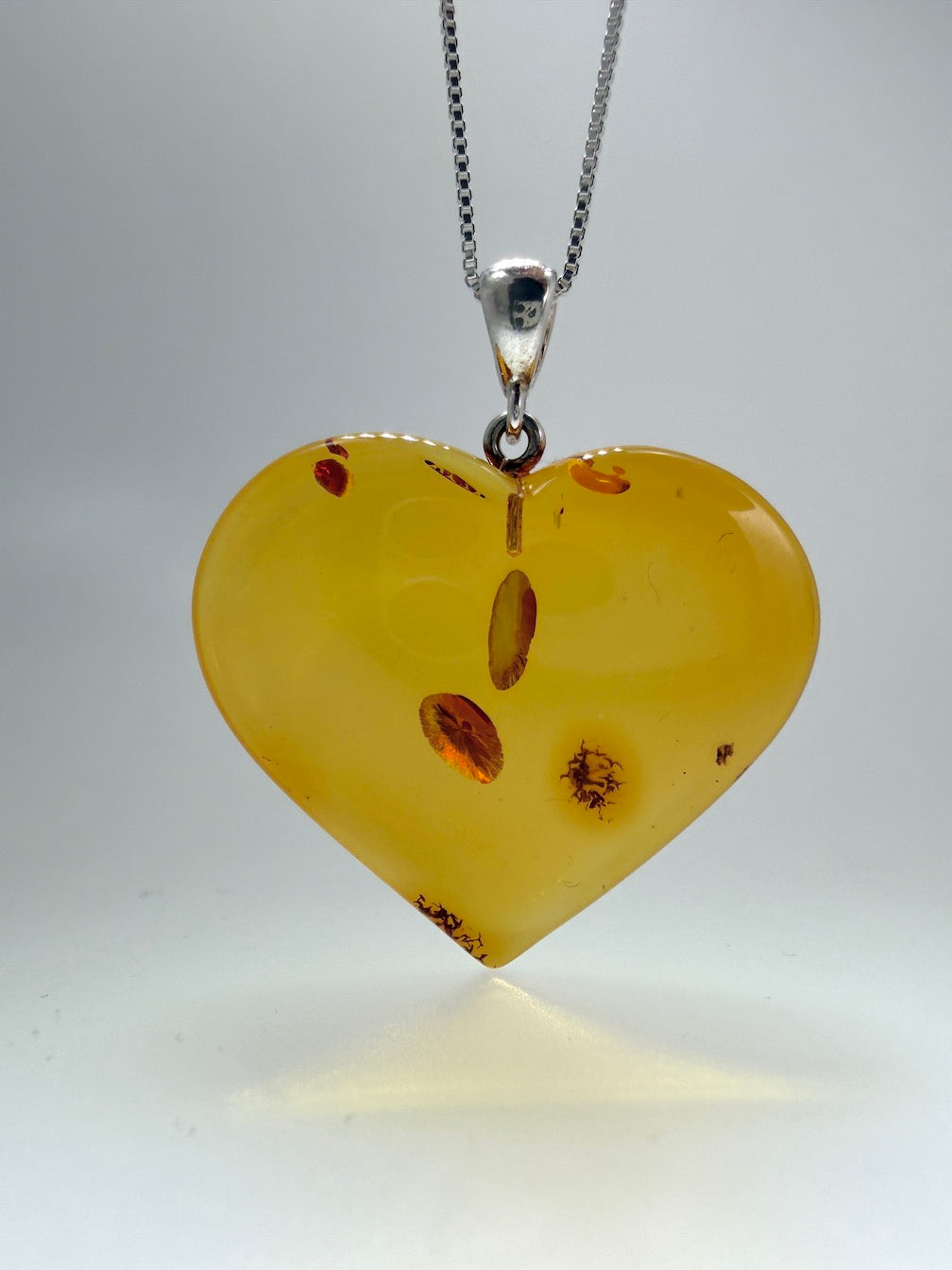 Baltic Amber Hand-Carved Heart Pendant Necklace on Sterling Silver Box Chain