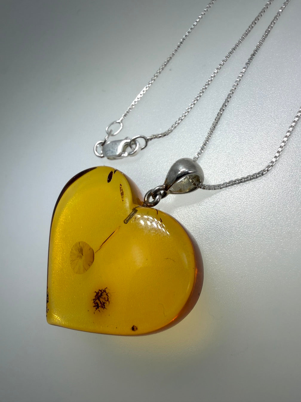Baltic Amber Hand-Carved Heart Pendant Necklace on Sterling Silver Box Chain