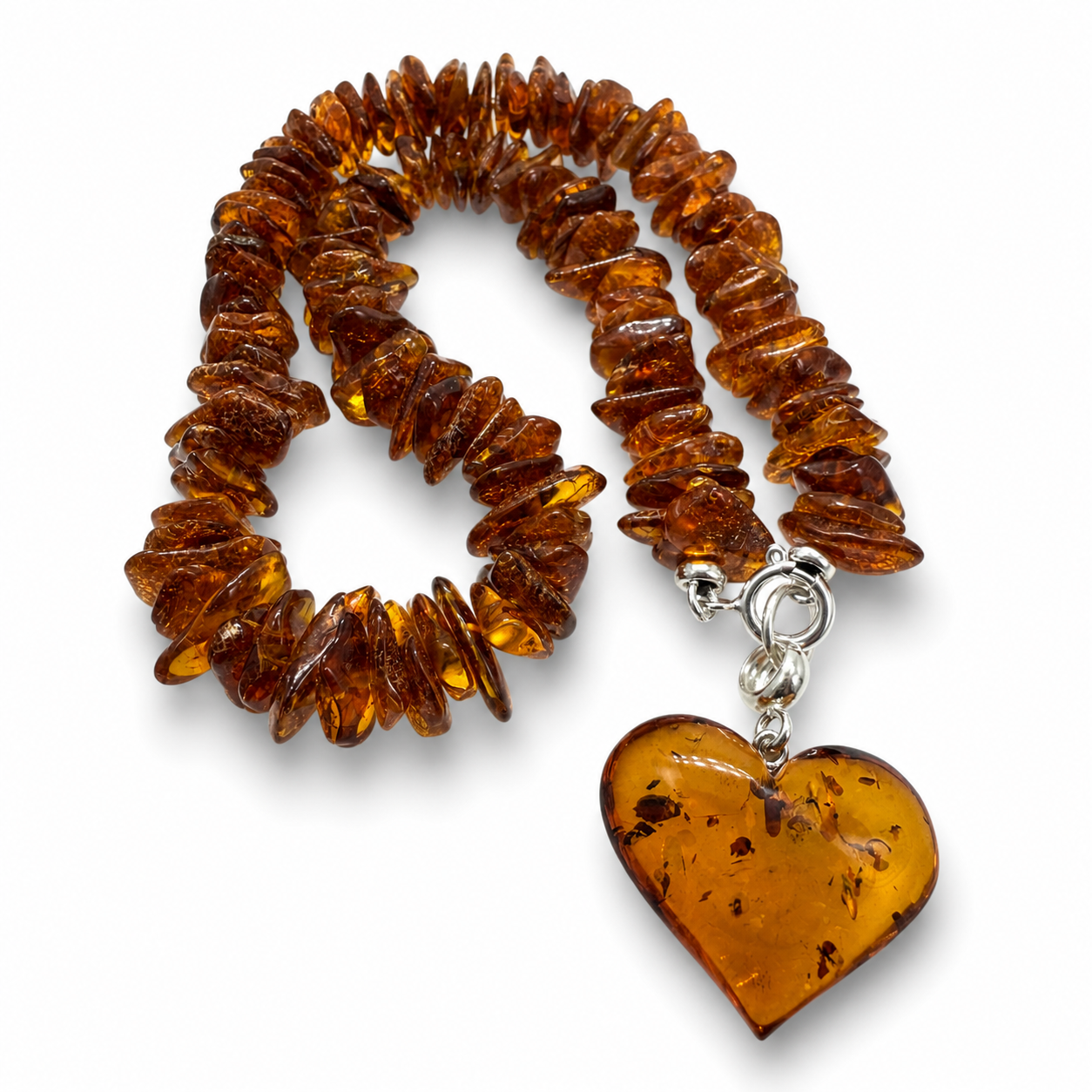Baltic Amber Honey Chip Necklace with Heart Pendant – Genuine Baltic Amber – Lithuania Artisan Jewelry