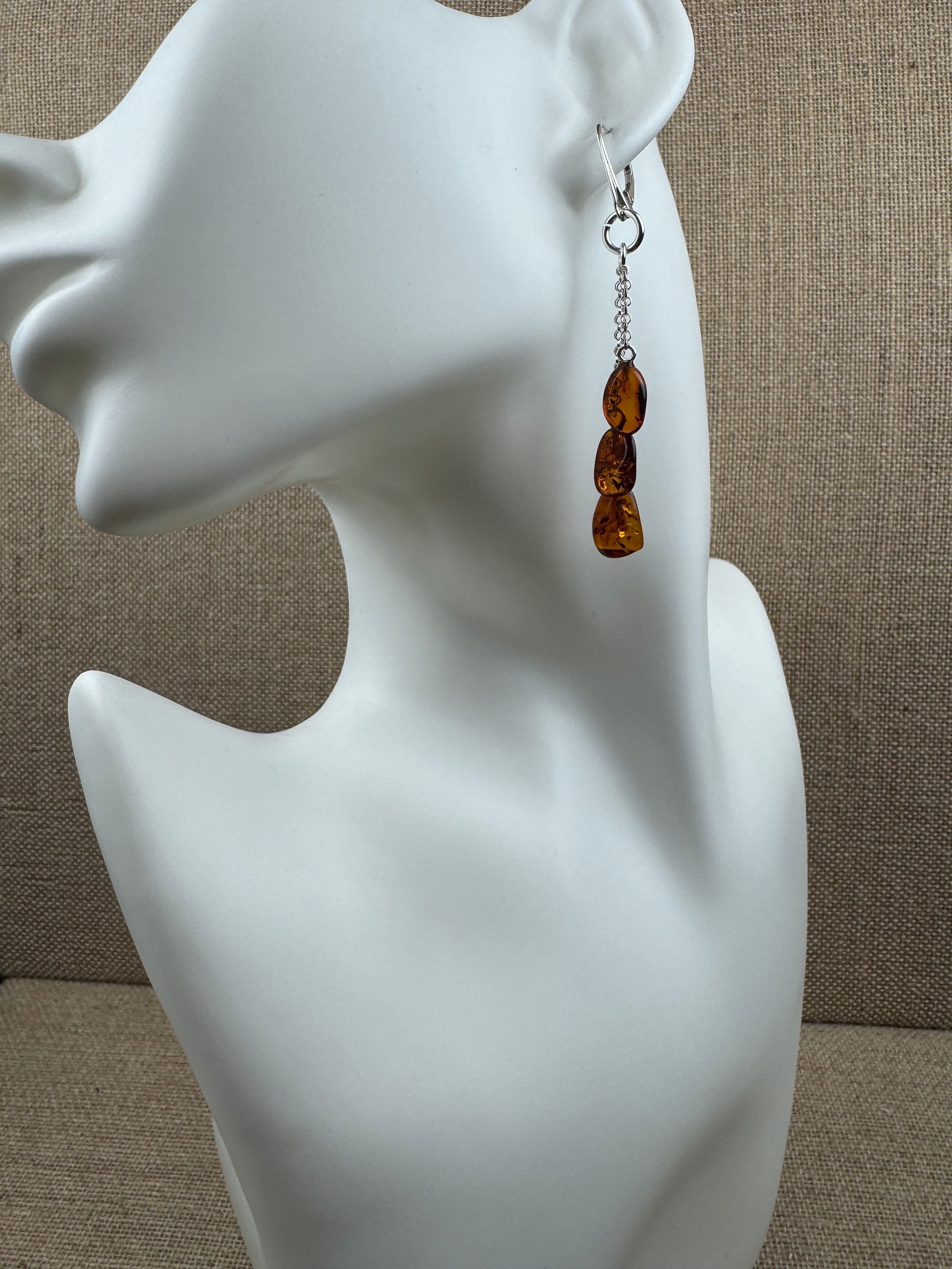 Baltic Amber Honey Lever Back Drop Earrings – Sterling Silver Triple Chain Dangles