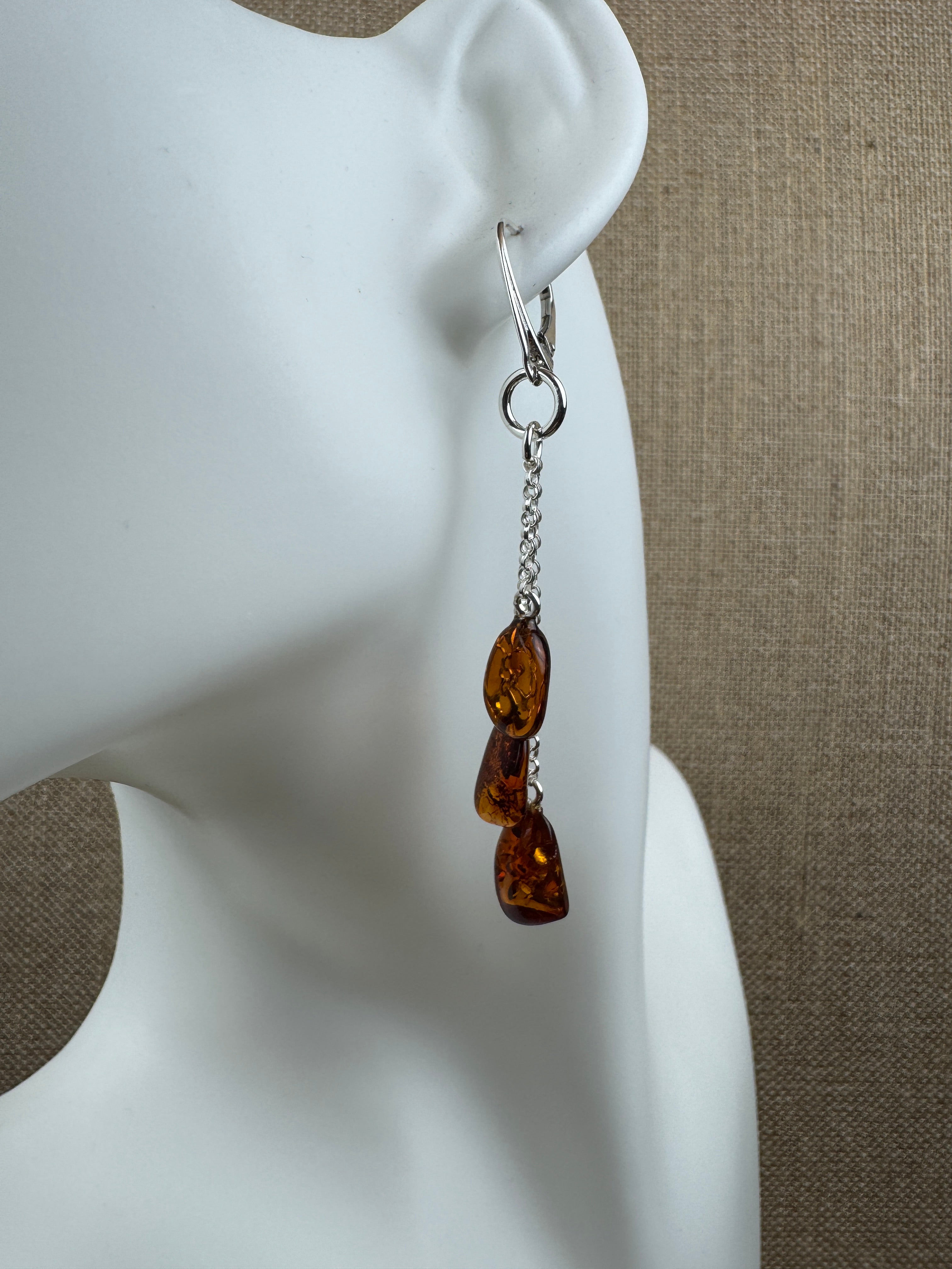 Baltic Amber Honey Lever Back Drop Earrings – Sterling Silver Triple Chain Dangles