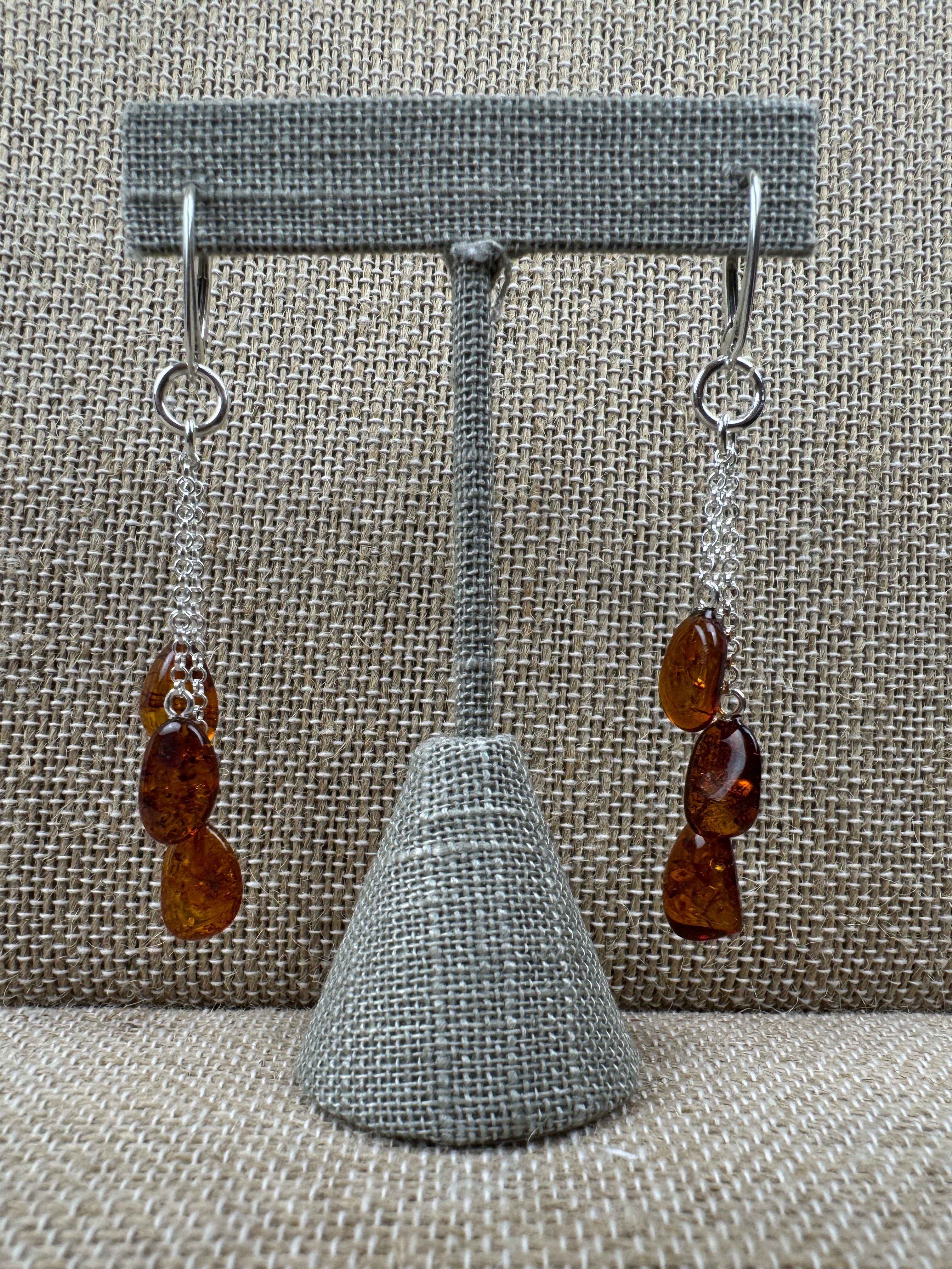 Baltic Amber Honey Lever Back Drop Earrings – Sterling Silver Triple Chain Dangles