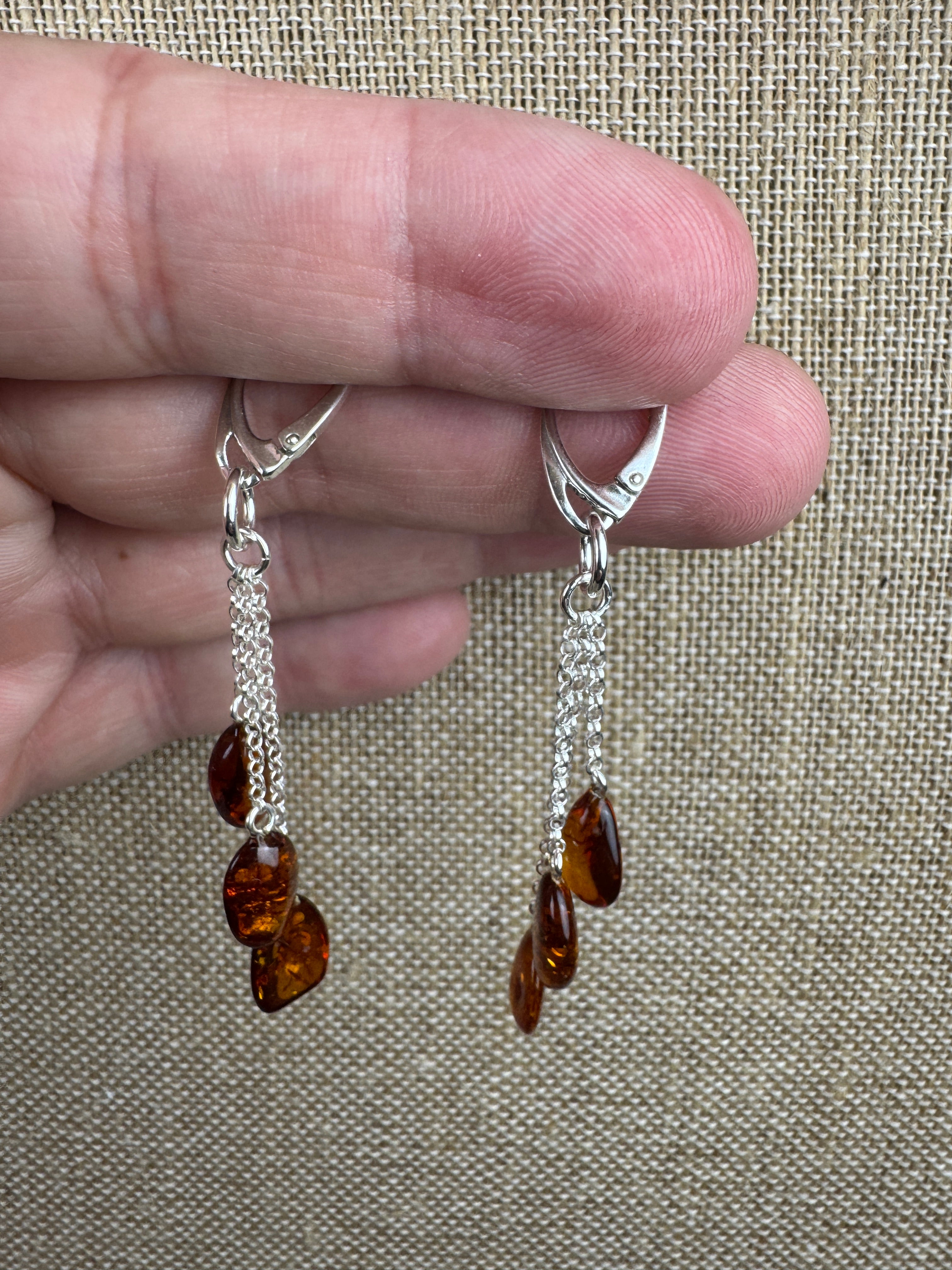 Baltic Amber Honey Lever Back Drop Earrings – Sterling Silver Triple Chain Dangles