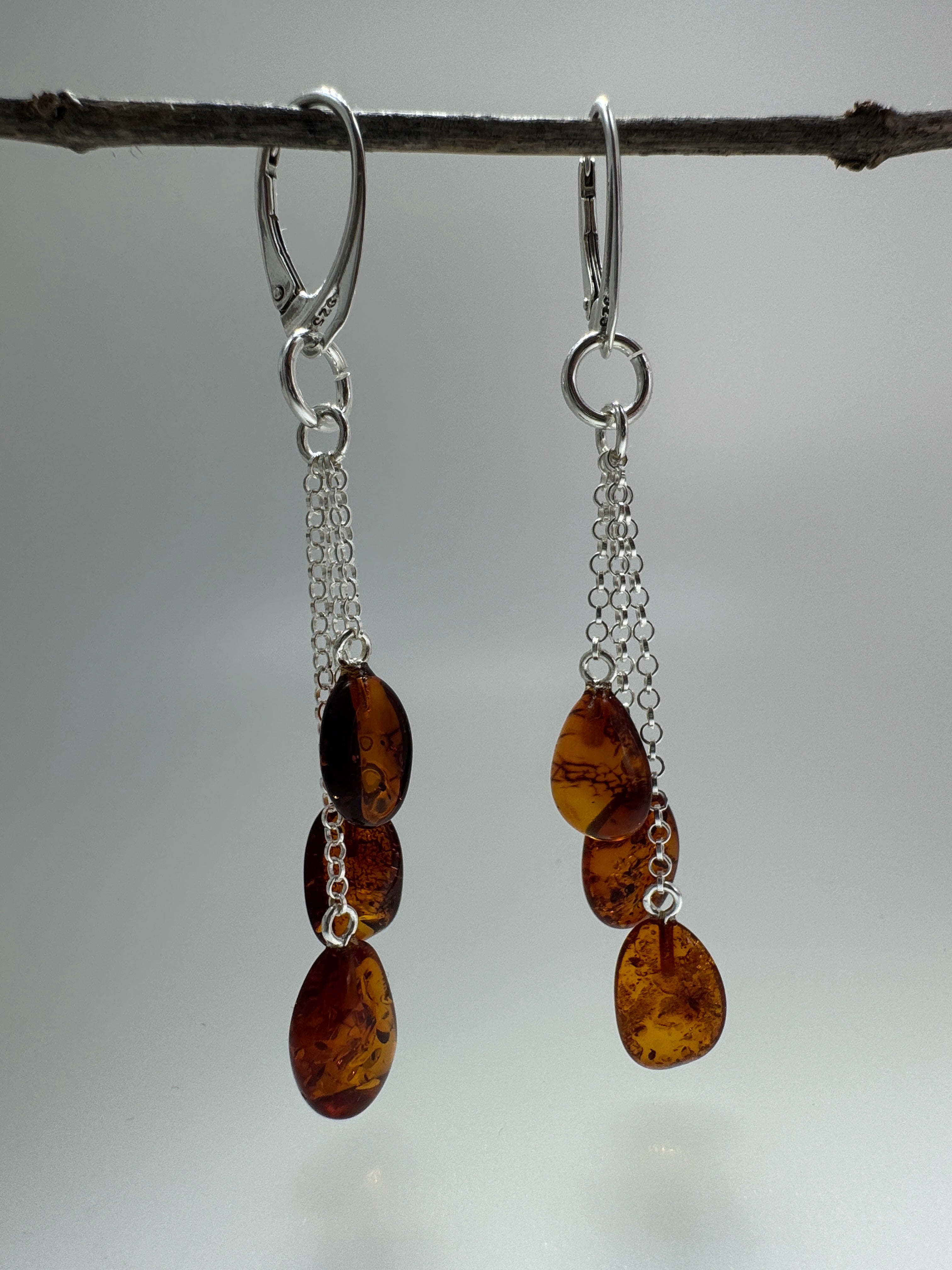 Baltic Amber Honey Lever Back Drop Earrings – Sterling Silver Triple Chain Dangles