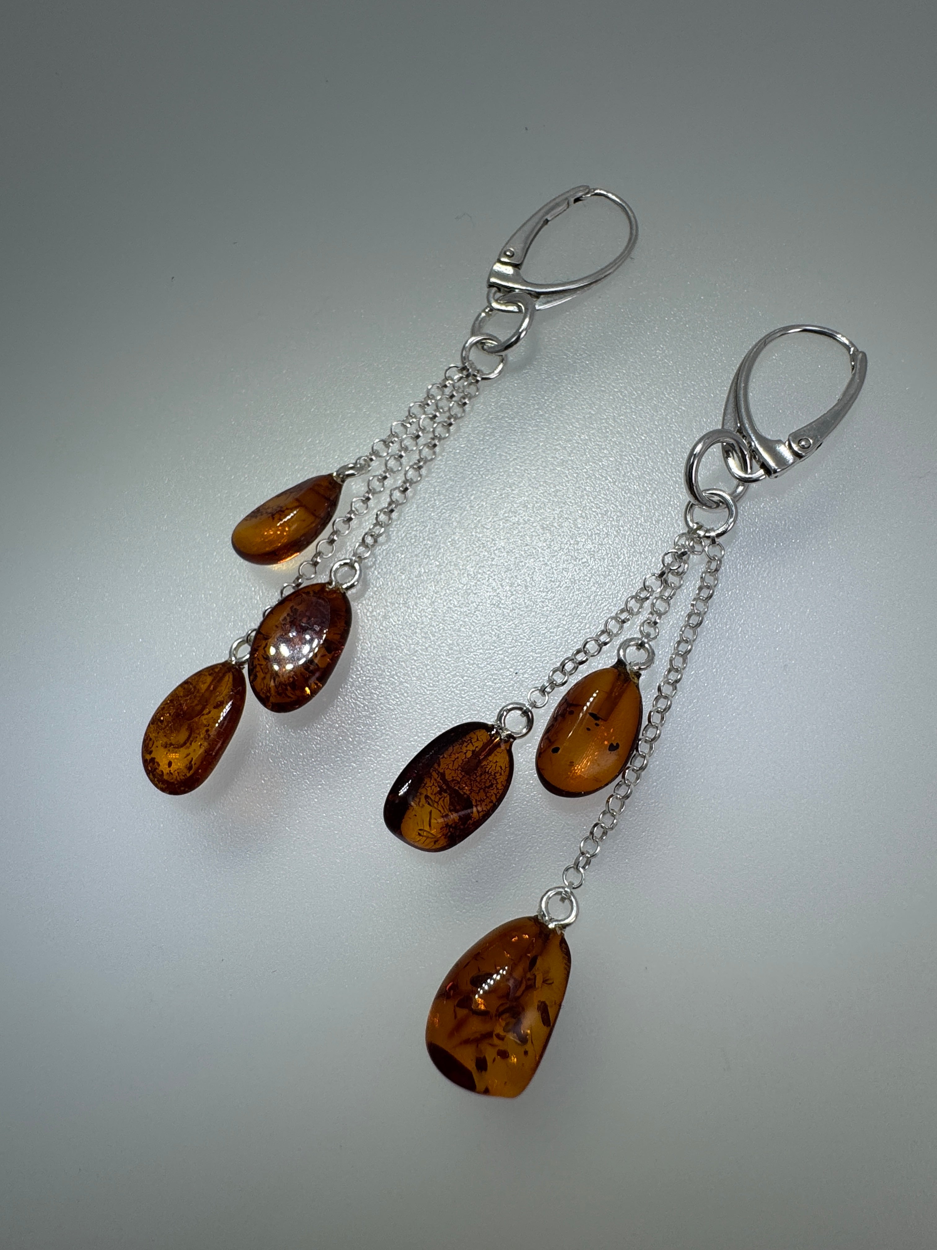 Baltic Amber Honey Lever Back Drop Earrings – Sterling Silver Triple Chain Dangles
