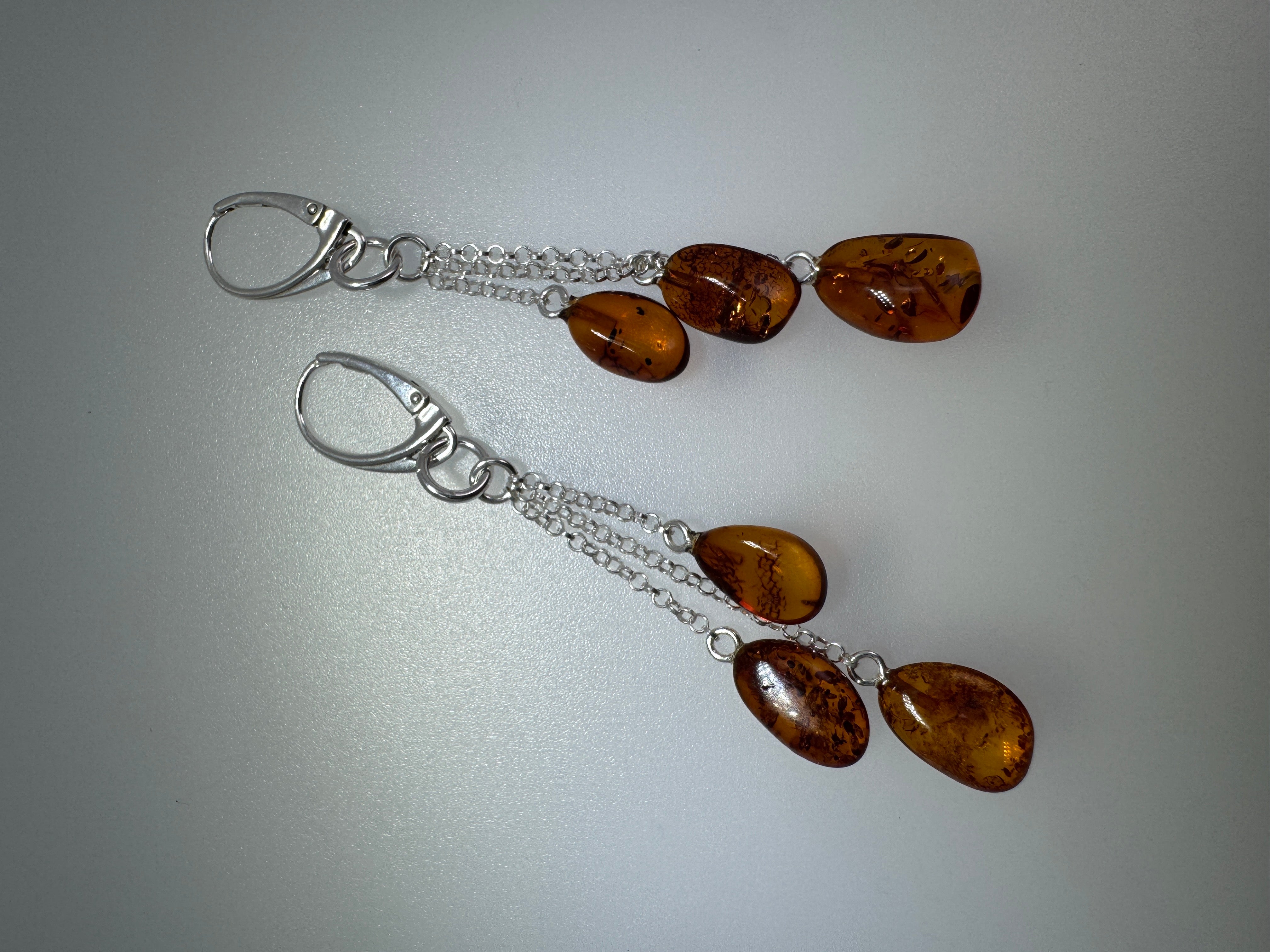 Baltic Amber Honey Lever Back Drop Earrings – Sterling Silver Triple Chain Dangles