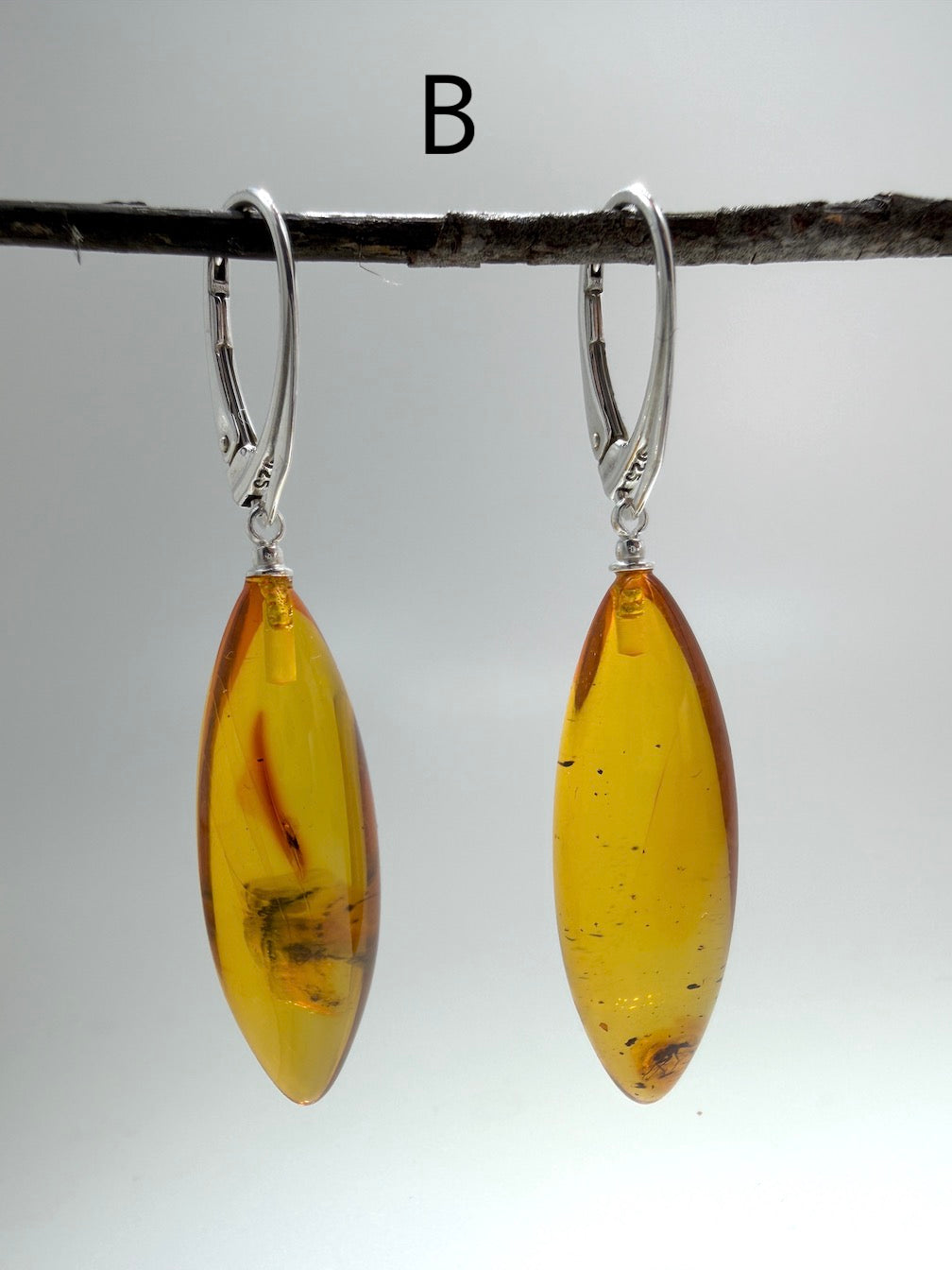 Baltic Amber Insect Inclusion Earrings – Sterling Silver Lever Back Drop Earrings – Museum Quality Collector Pieces – 40 Million Year Old Inclusions – One of a Kind