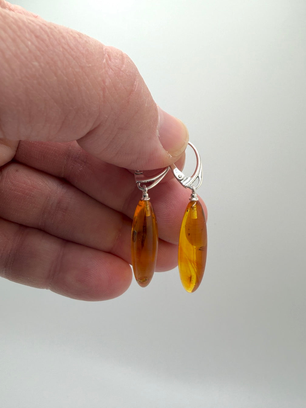 Baltic Amber Insect Inclusion Earrings – Sterling Silver Lever Back Drop Earrings – Museum Quality Collector Pieces – 40 Million Year Old Inclusions – One of a Kind