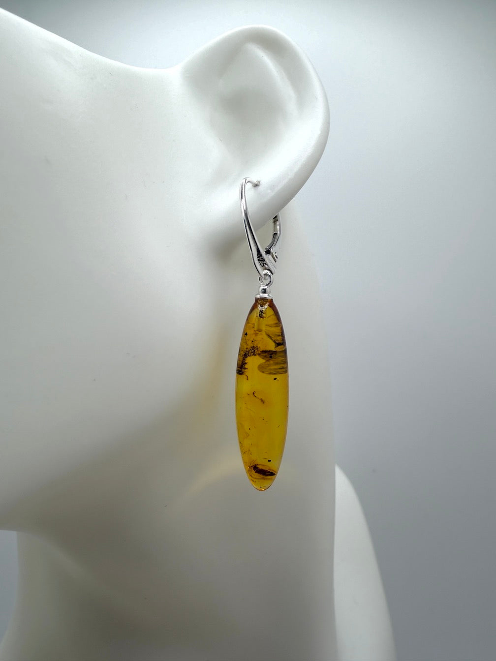 Baltic Amber Insect Inclusion Earrings – Sterling Silver Lever Back Drop Earrings – Museum Quality Collector Pieces – 40 Million Year Old Inclusions – One of a Kind