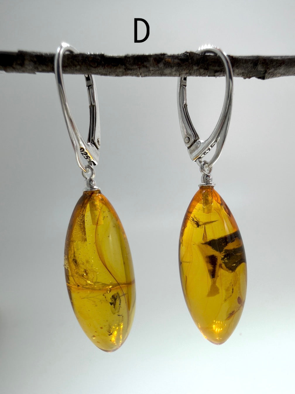 Baltic Amber Insect Inclusion Earrings – Sterling Silver Lever Back Drop Earrings – Museum Quality Collector Pieces – 40 Million Year Old Inclusions – One of a Kind