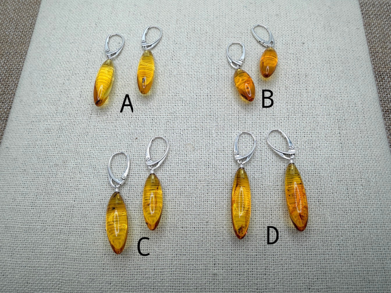 Baltic Amber Insect Inclusion Earrings – Sterling Silver Lever Back Drop Earrings – Museum Quality Collector Pieces – 40 Million Year Old Inclusions – One of a Kind