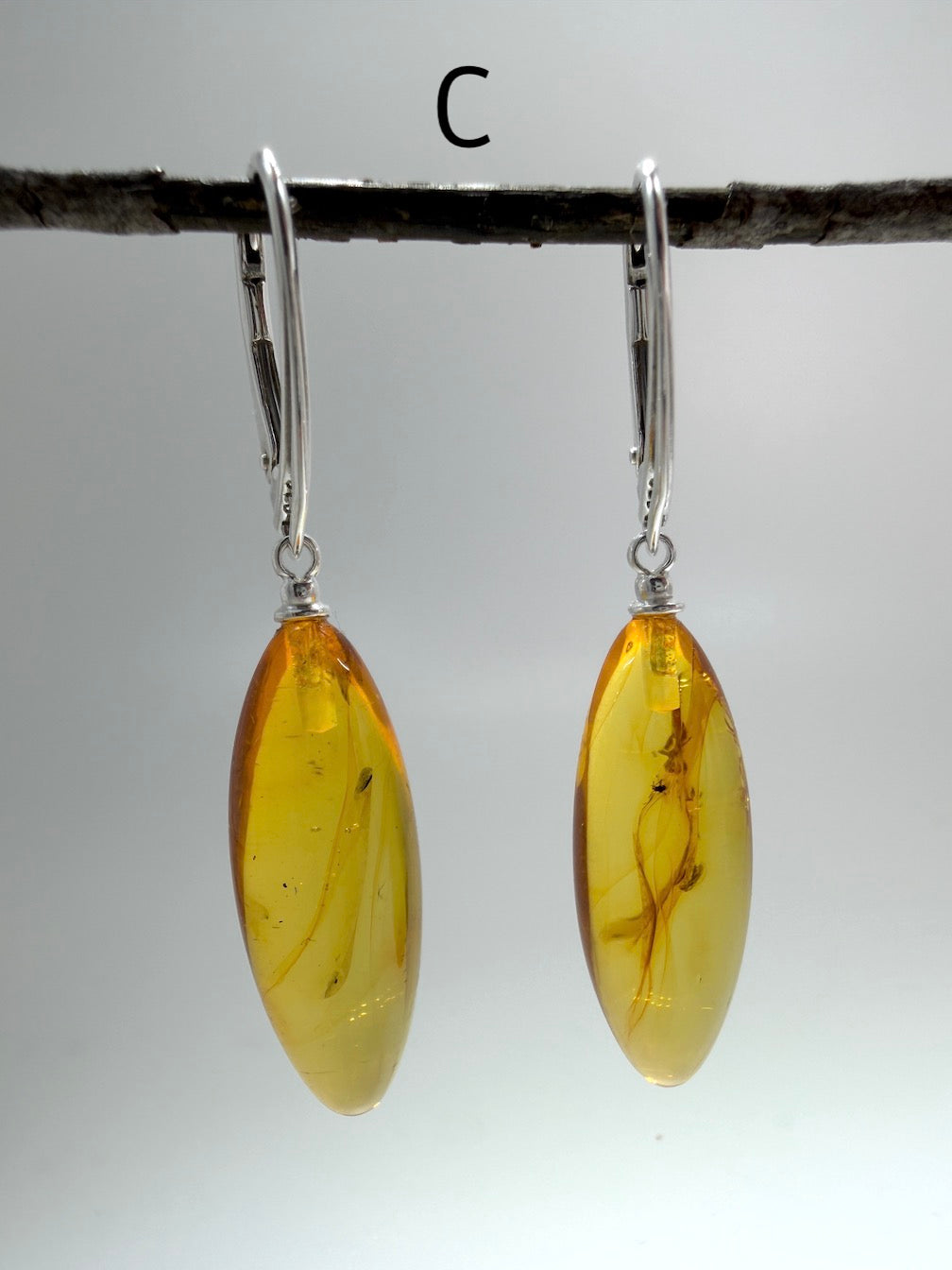 Baltic Amber Insect Inclusion Earrings – Sterling Silver Lever Back Drop Earrings – Museum Quality Collector Pieces – 40 Million Year Old Inclusions – One of a Kind