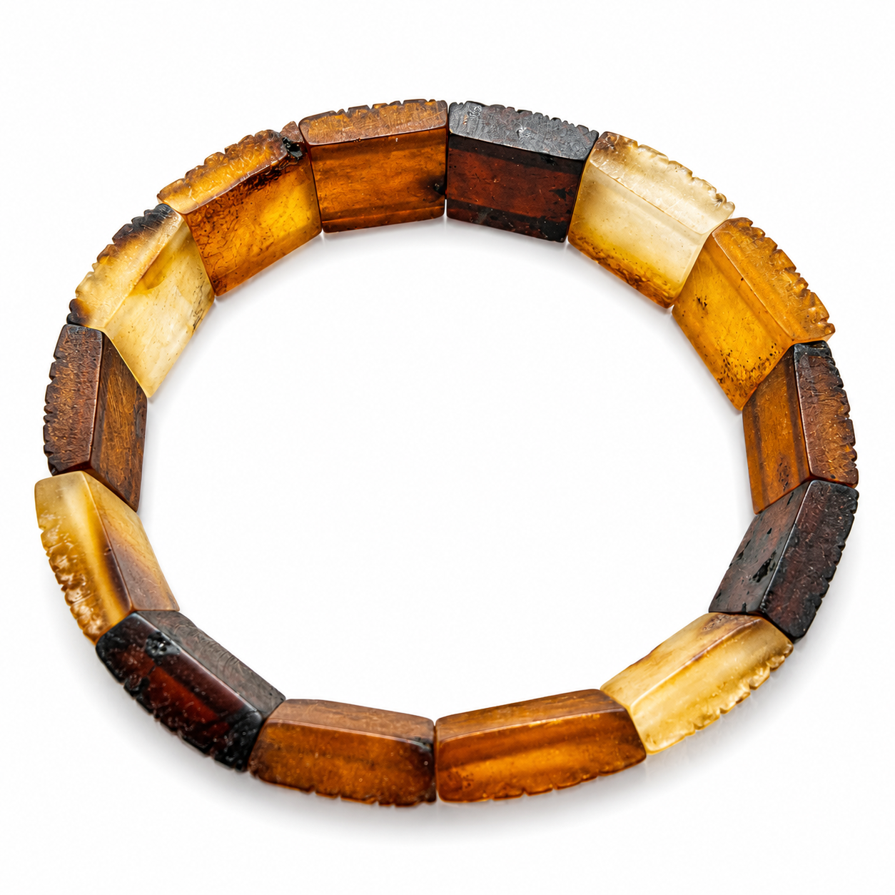Baltic Amber Matte Leaf Hand-Carved Stretch Bracelet – Ombre Multicolor Square Amber Bracelet – One of a Kind Baltic Amber Jewelry
