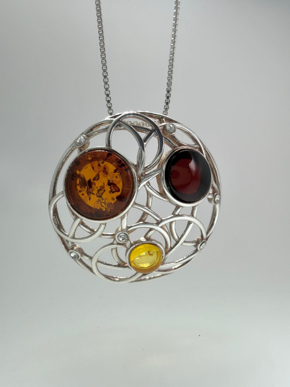 Baltic Amber Mixed Stone Round Sterling Silver Pendant – Modern Swirl Design – Lemon, Honey, Cherry or Turquoise
