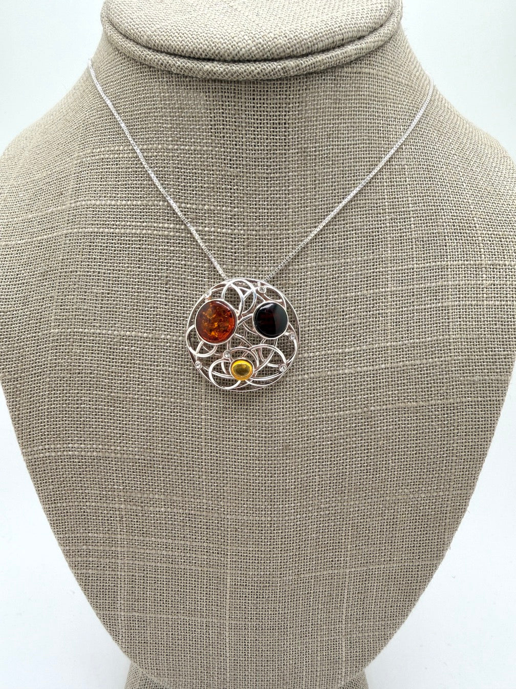 Baltic Amber Mixed Stone Round Sterling Silver Pendant – Modern Swirl Design – Lemon, Honey, Cherry or Turquoise