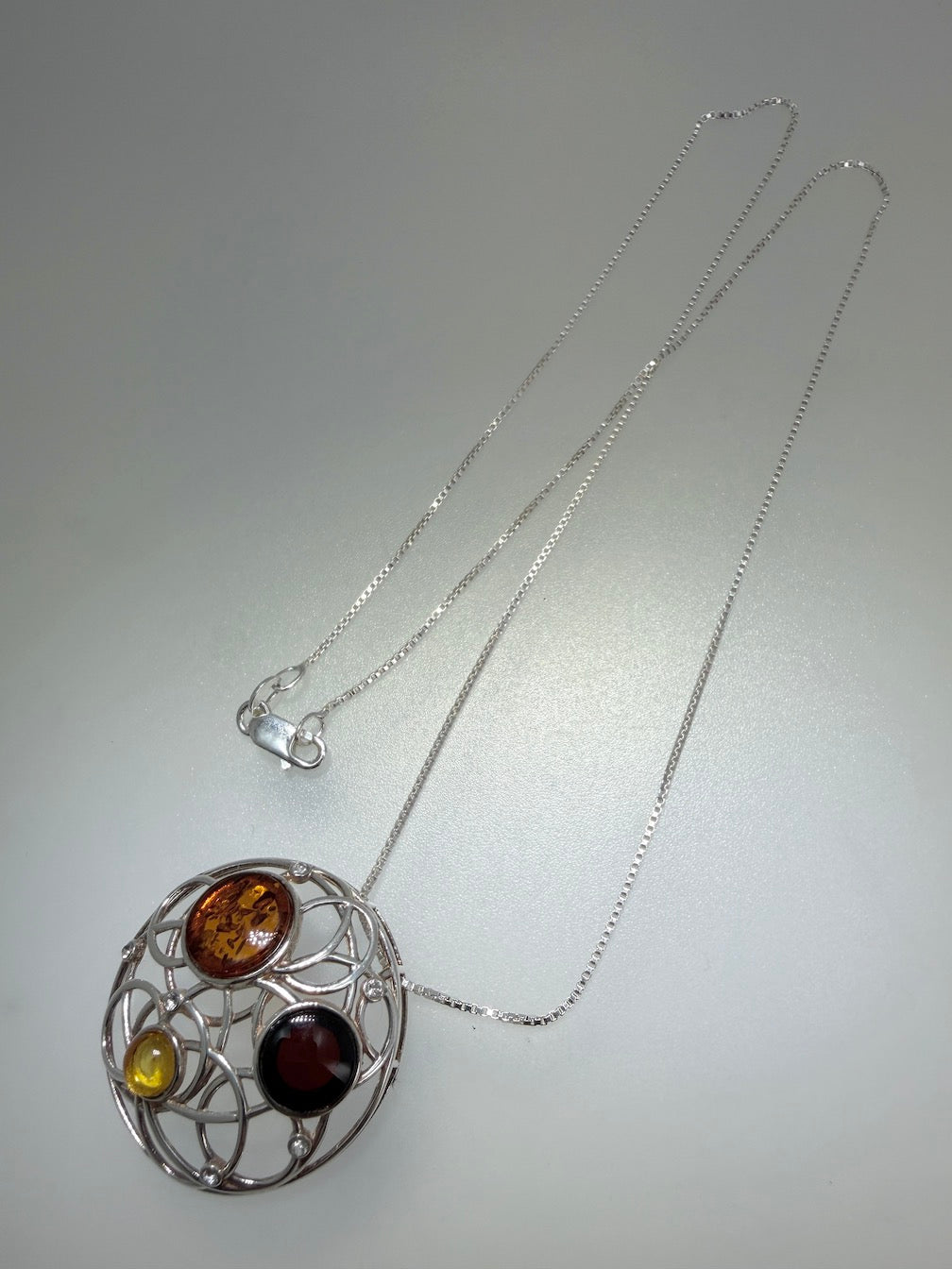 Baltic Amber Mixed Stone Round Sterling Silver Pendant – Modern Swirl Design – Lemon, Honey, Cherry or Turquoise