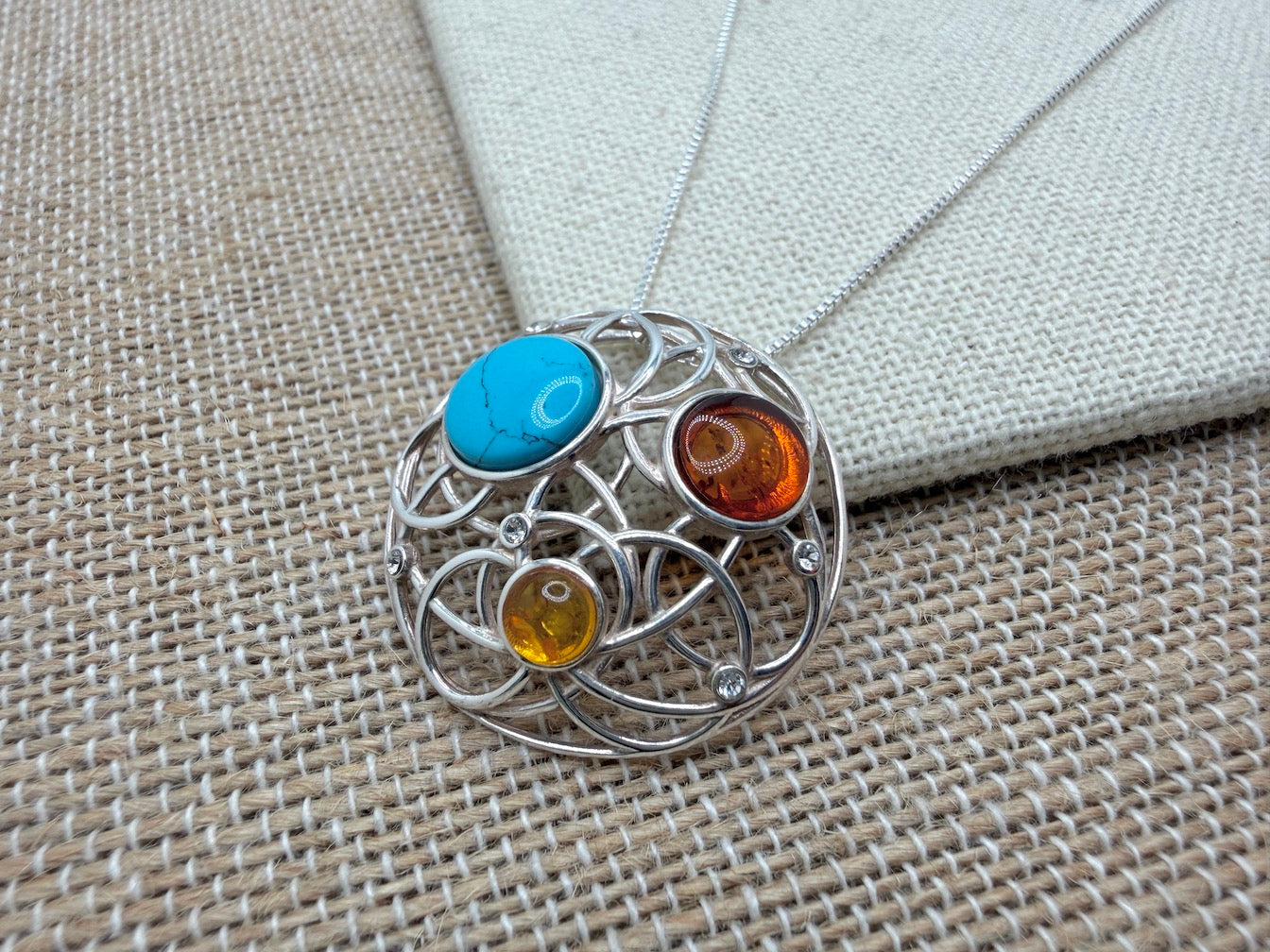 Baltic Amber Mixed Stone Round Sterling Silver Pendant – Modern Swirl Design – Lemon, Honey, Cherry or Turquoise