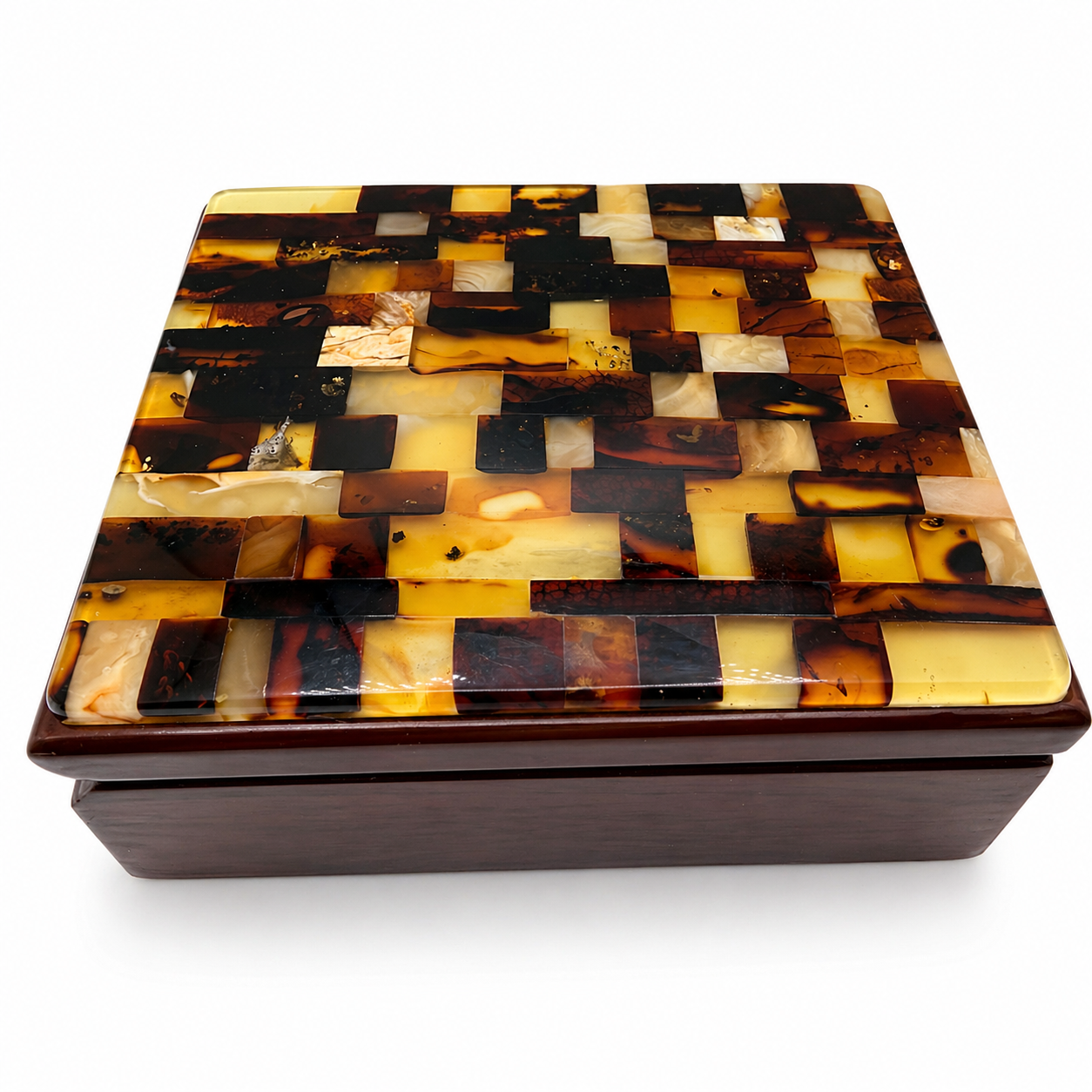 Multicolor Baltic Amber Mosaic Jewelry Box | Solid Wood Gift Box | Lemon Honey Cherry Cognac Amber Lid | Handmade Amber Keepsake Box | Magnetic Closure