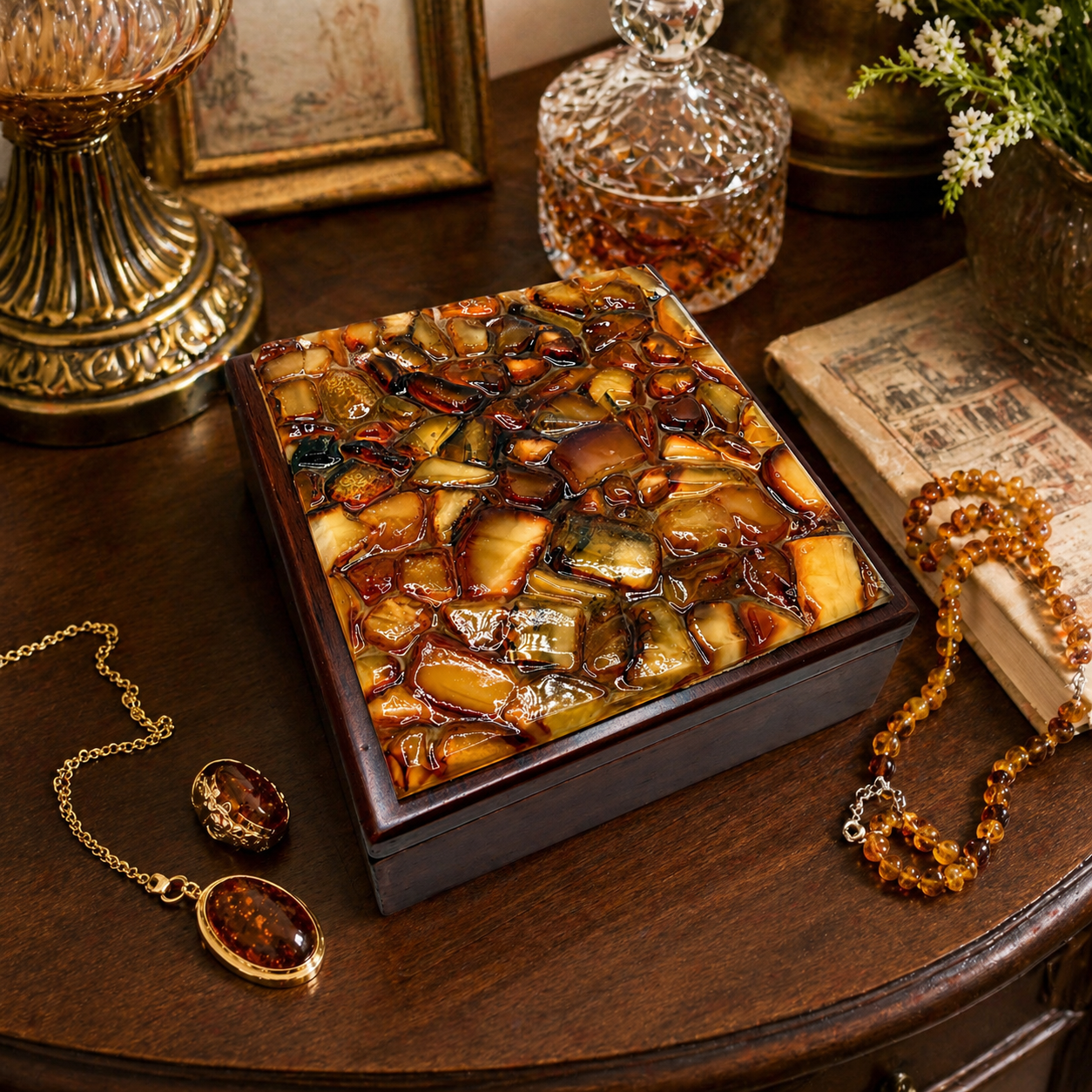 Baltic Amber Mosaic Jewelry Box | Solid Wood Keepsake Box | Honey & Butterscotch Ombre Amber Lid | Handmade Amber Gift Box | Magnetic Closure