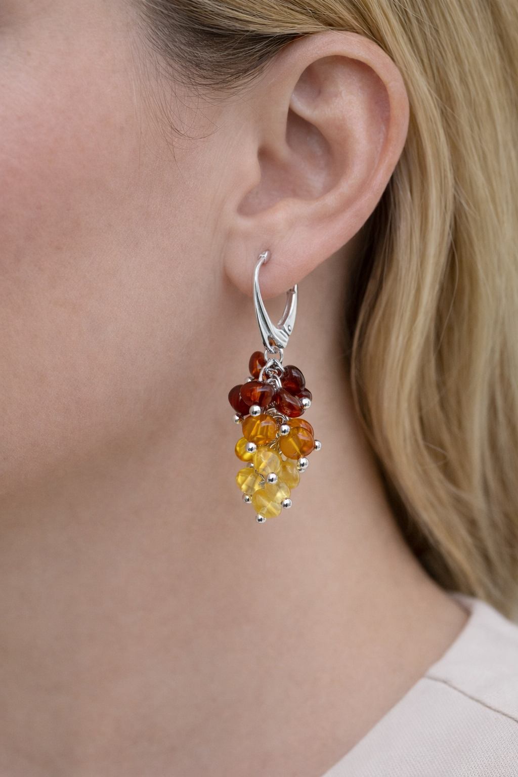 Baltic Amber Ombre Cluster Earrings, Sterling Silver Lever Back, Lemon Honey Cherry Amber Drop Earrings, Lightweight Amber Jewelry