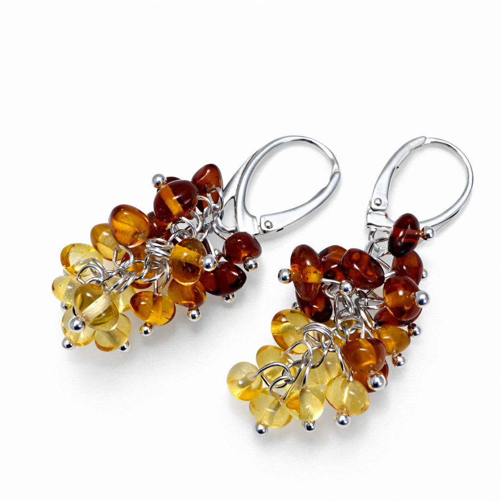Baltic Amber Ombre Cluster Earrings, Sterling Silver Lever Back, Lemon Honey Cherry Amber Drop Earrings, Lightweight Amber Jewelry