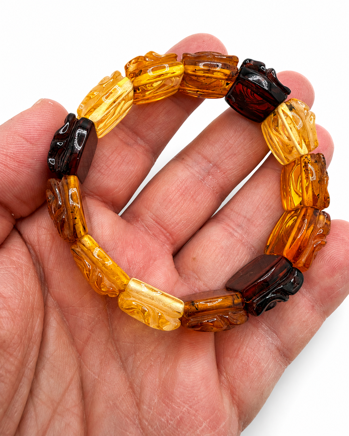 Baltic Amber Ombre Hand-Carved Rose Stretch Floral Bracelet