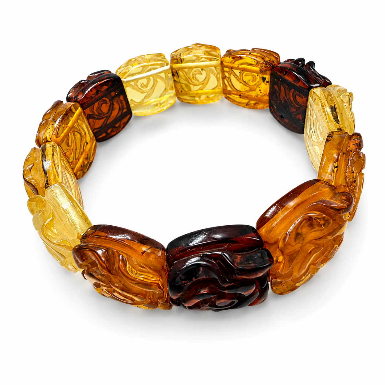 Baltic Amber Ombre Hand-Carved Rose Stretch Floral Bracelet