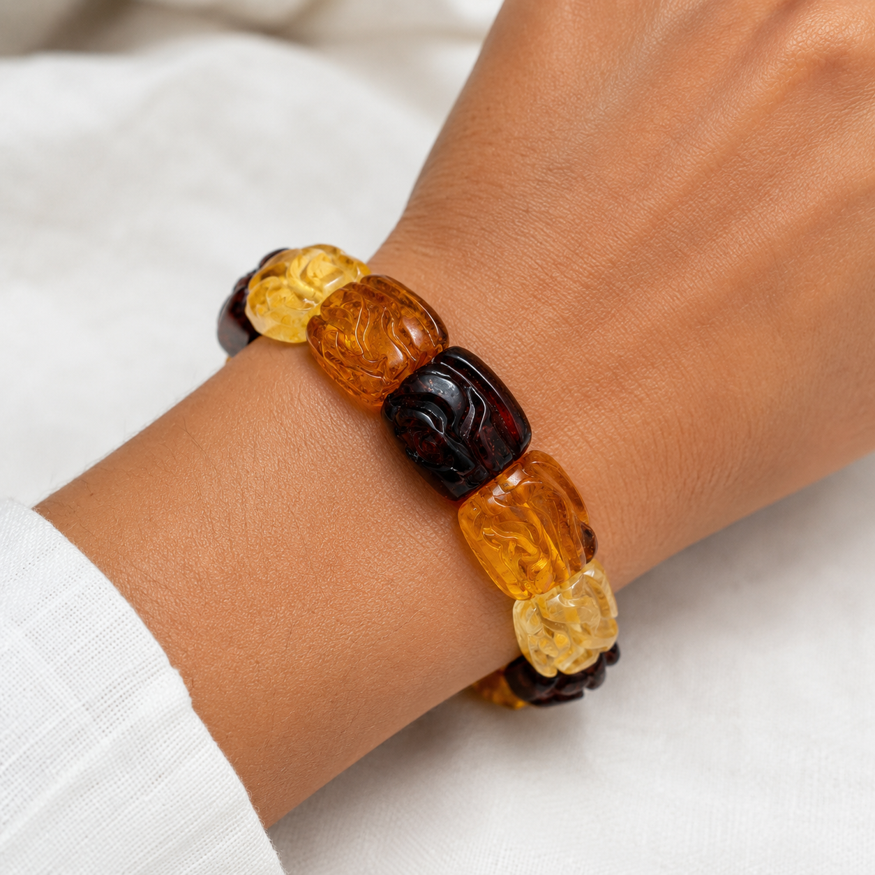 Baltic Amber Ombre Hand-Carved Rose Stretch Floral Bracelet