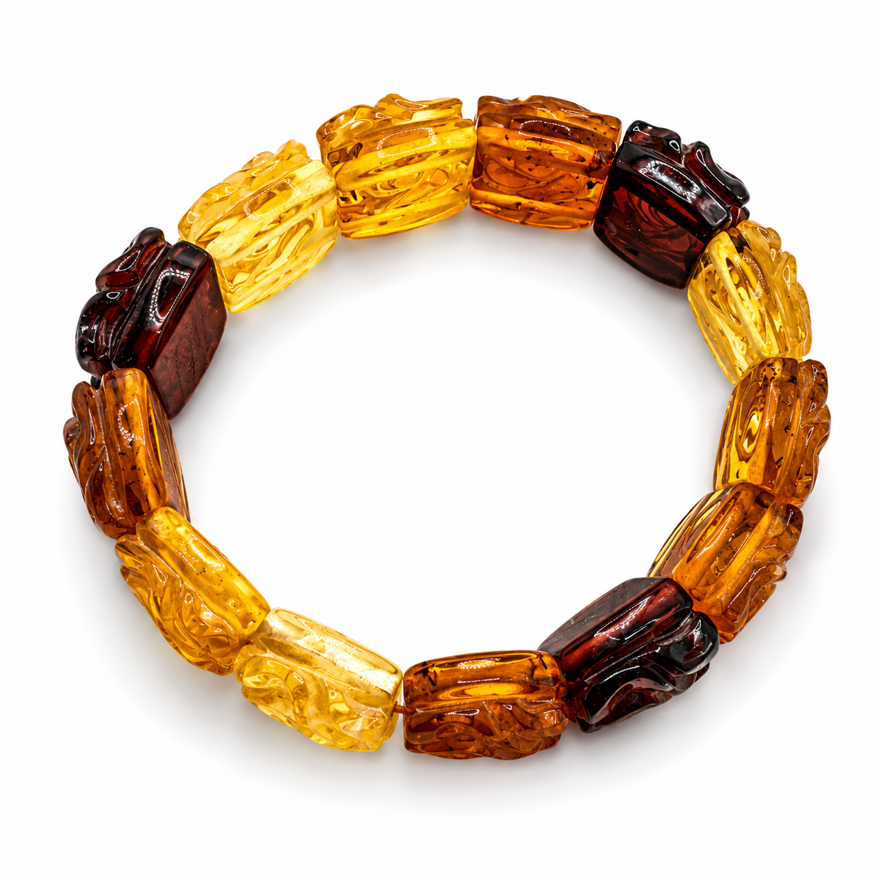 Baltic Amber Ombre Hand-Carved Rose Stretch Floral Bracelet