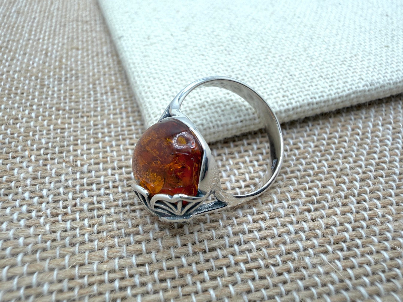 Baltic Amber Oval Cab Ginkgo Biloba Nature Inspired Ring