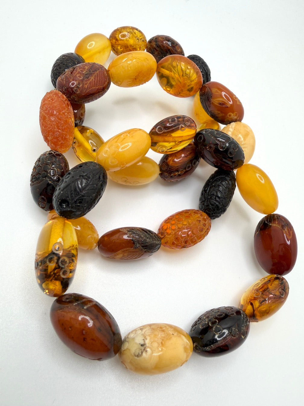 Baltic Amber Oval Chunk Stretch Bracelet – Multi-Color, Rare snake skin pattern