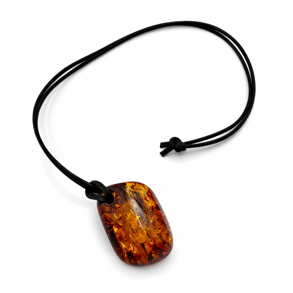 Baltic Amber Pendant on Leather Cord – Genuine Amber Necklace – Unisex / Men’s Amber Jewelry
